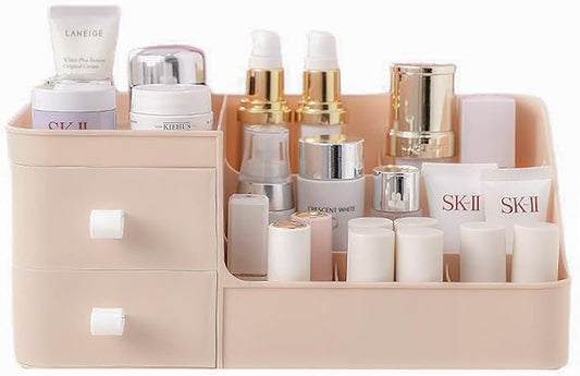 Skin Care Organizer - Makeup Vanity Countertop Organizer with Drawers, Brush Holder for Lipstick, Eyeshadow, Desktop (Polar Pink)