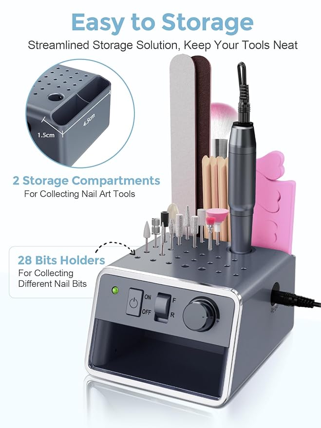 Subay Nail Drill Machine Electric File, Portable for Acrylic Gel Dip Powder Nails, Nail Drill Kit for Manicure Pedicure, Nail Set with Everything, Rose Pink (Grey)