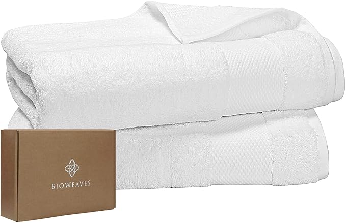 BIOWEAVES 100% Organic Cotton 700 GSM Plush Bath Towels 30" x 58" GOTS Certified - White, Pack of 2