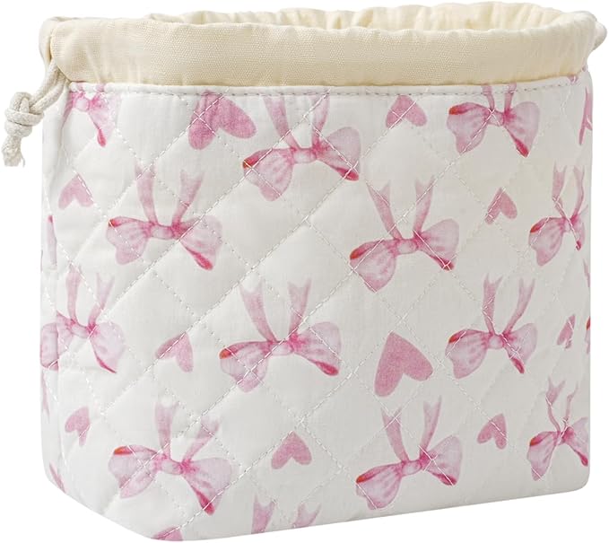 Cotton Quilted Drawstring Makeup Bag with Canvas Lining,Coquette Aesthetic Cute Travel Toiletry Bag,Drawstring Gift Bag for Women and Girls（14Heart Bow）
