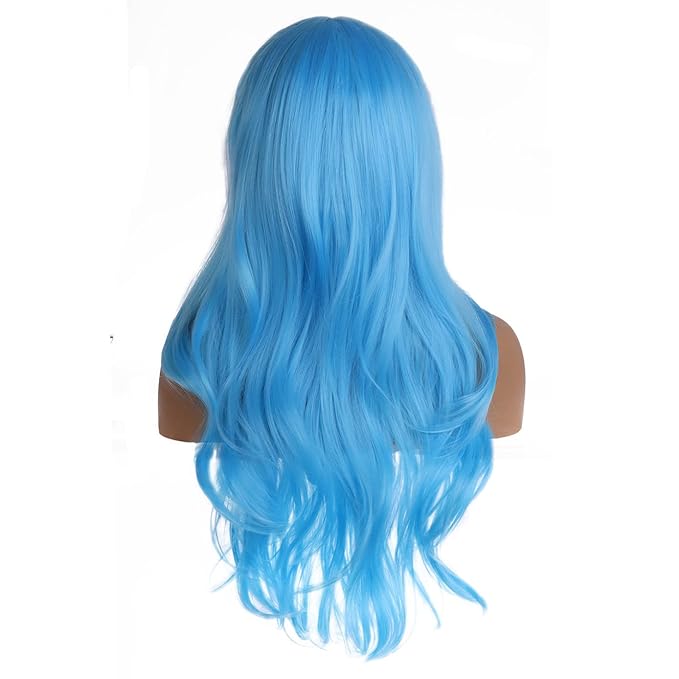 BERON 28" Women Girls Long Curly Wavy Wig Heat Resistant Synthetic Fiber with Wig Cap (Sky Blue)