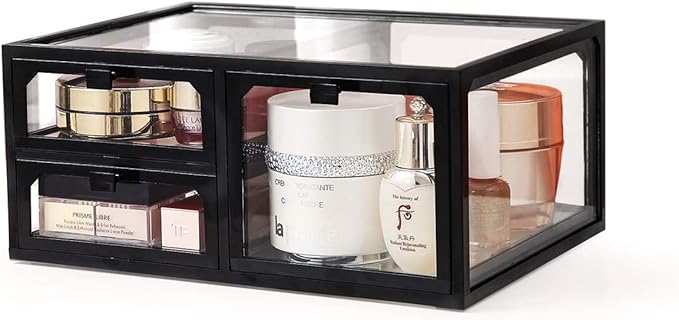 MOOCHI Black Vintage Glass Cosmetic Makeup Organizer 3 Drawers Set Dust Waterproof Cosmetics Storage Display Case Countertop for Brushes Lipsticks Jewelry