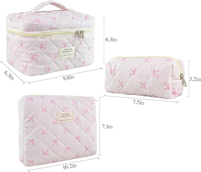 3Pcs Makeup Bag Cotton Quilted Travel Cosmetic Bag Cute Floral Makeup Pouch Large Toiletry Bag for Women Girls (Bow-Pink2)