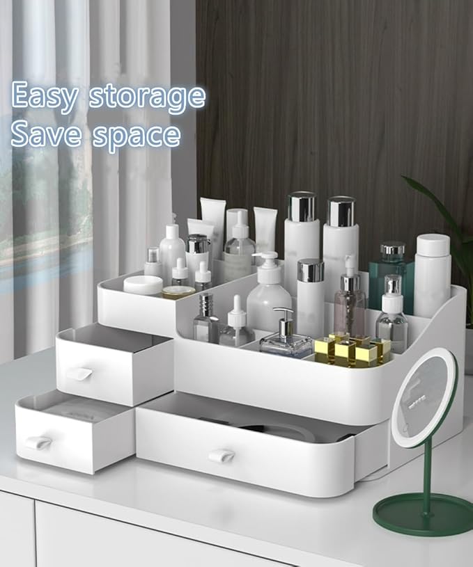 MIUOPUR Makeup Organizer for Vanity, Plastic Cosmetics Organizer with Drawers, Ideal for Bathroom Counter, Large Capacity Desktop Organizer for Skincare - Large White