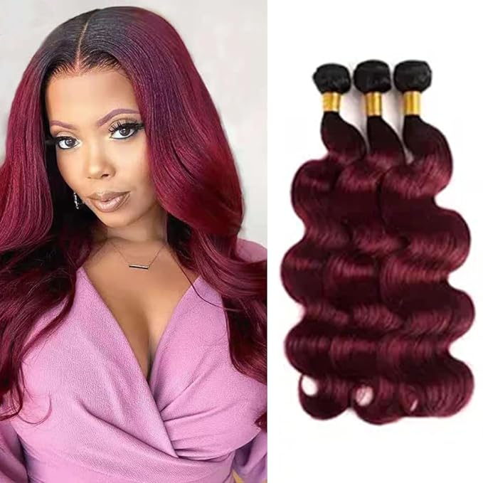 Ombre 1B99J Body Wave Bundles Human Hair Burgundy Body Wave Bundles Black to 99j two tone Brazilian Human Hair Extensions Wet and Wavy for Woman 16 18 20 Inch