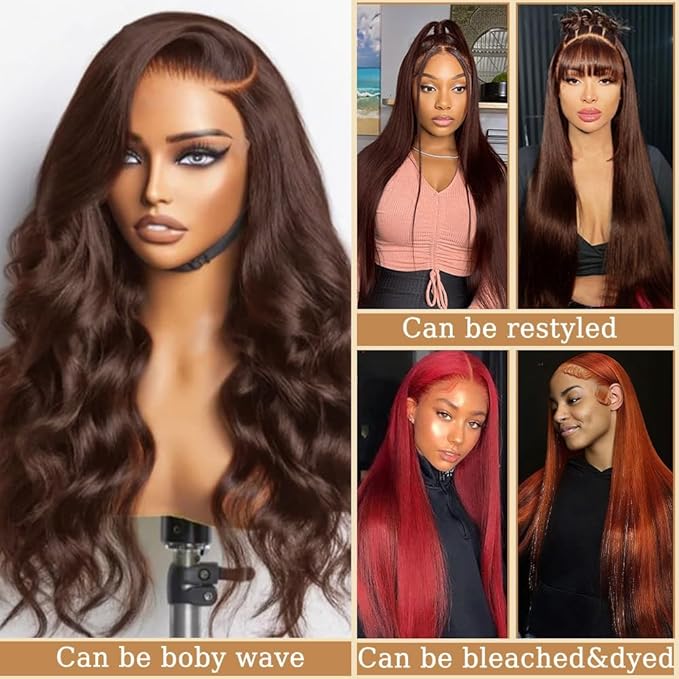 Azkiu 30Inch Brown Straight Human Hair Lace Front Wigs 13x4 HD Lace Frontal Closure Chocolate Human Hair Wig Pre Plucked with Baby Hair 180% Density Brazilian Virgin Human Hair Wigs for Women