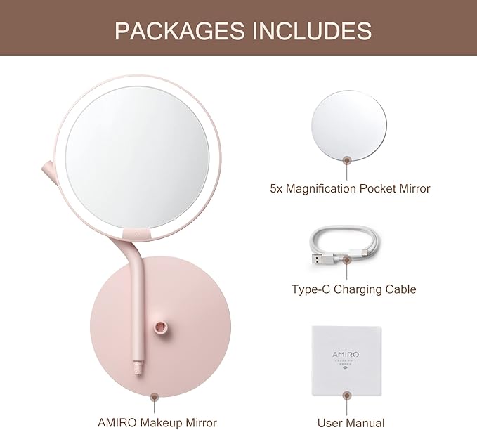 AMIRO Professional 8" LED Lighted Makeup Mirror with 5-Level Brightness, with 5X Magnifying Small Mirror, Tabletop Rechargeable Cosmetic Mirror with Touch Control 180°Rotation
