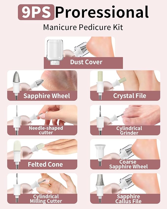 Professional Manicure Pedicure Kit, Cordless Electric Nail File Set, Rechargeable Pedicure Tools for feet, 5 Speeds Hand Foot Care Nail Drill for Thick Nail Toenail Cuticle Women Men Baby Pets-Rose