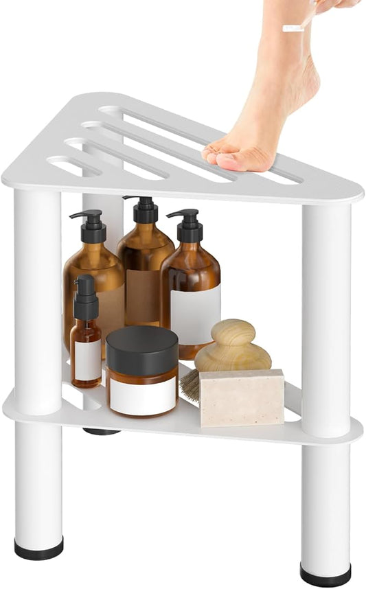 Metal Corner Shower Foot Stool for Shaving Legs, Shower Foot Rest Bench for Iwe Shower with Storage Shelf, Small Step Stools, Waterproof Non-Slip Bath Stool to Sit (White)