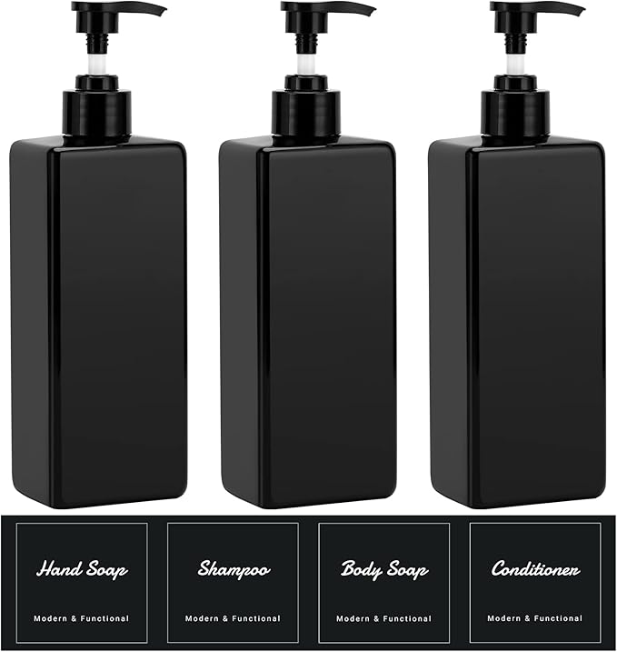 Suream Shampoo and Conditioner Dispenser Set, 3Pack 16.9oz Bathroom Countertop Soap Bottle with 4PCS lables, Plastic Refillable Dispenser with Pump for Kitchen, Office, Travel, Resturant, Black