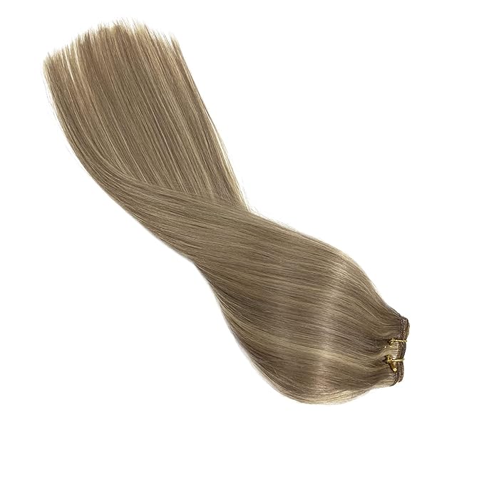 Sew In Real Human Hair Extensions, Weft Hair Bundles 14 Inch 80G Ash Blonde Balayage Blonde Highlights Hand Tied Weft Sew In Extensions
