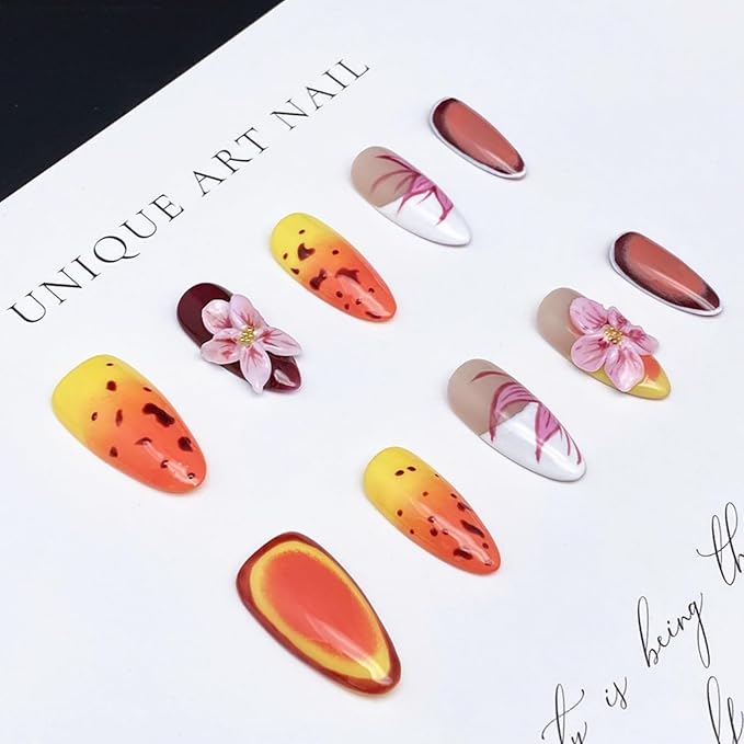Almond Press on Nails Handmade Medium Long/Stiletto 3D Flower Fake Nail with Designs, Women Reusable False Nails (Orange Floral, L)