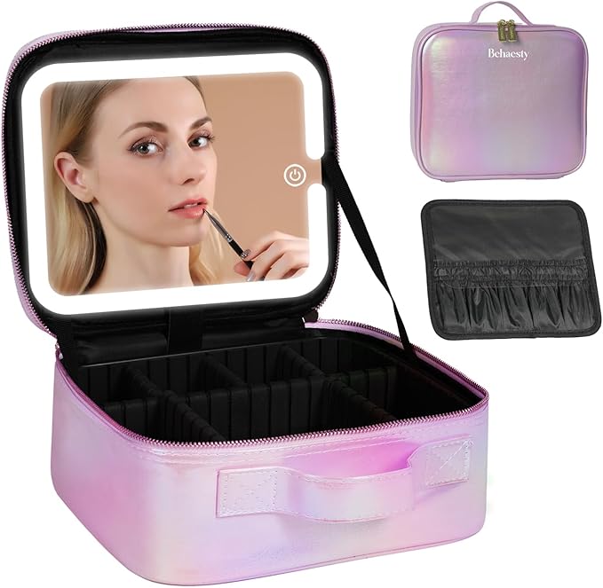 Travel Makeup Bag with LED Lighted Mirror, Cosmetic Makeup Organizer Bag with 3 Color Setting, Makeup Train Case with Adjustable Dividers for Women Makeup Brushes Jewelry Accessories
