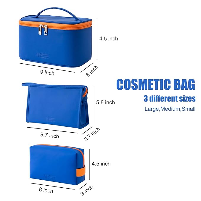 MIRASON Cosmetic Bag Set of 3 Makeup Bag for Purse Pouch Travel Beauty Zipper Organizer Bag Gifts for Women, PU Leather Washable Waterproof (Sapphire Blue)