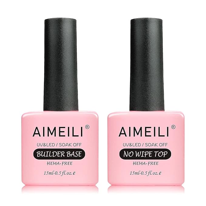 AIMEILI Summer Color Bright Pink Pastel Gel Nail Polish Color, Builder Base and No Wipe Top Coat Set