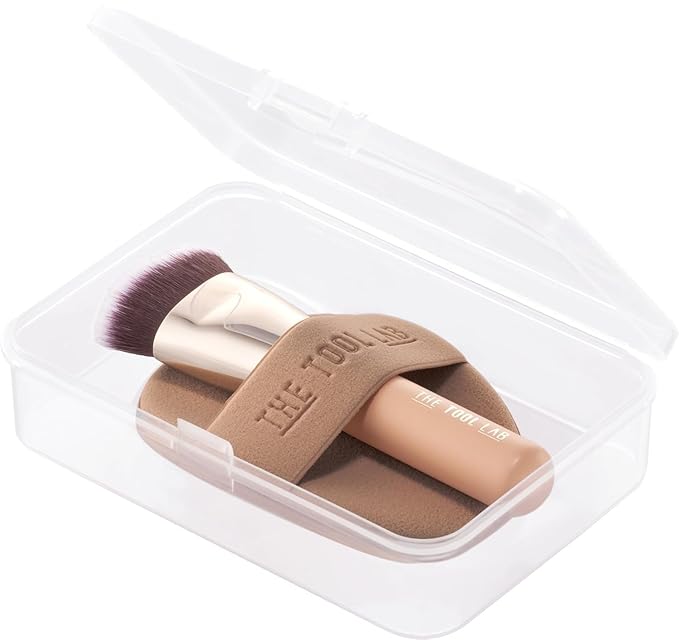 THE TOOL LAB All Day Fitting Duo (Glow type) - Premium Base Makeup Set for Liquid Cream Powder Foundation, Buffing Blending Face Brush, Sponge, Portable Case - 1.1" Flat Top Brush