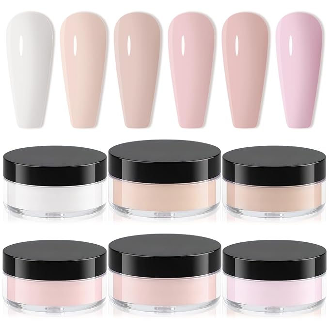 EBANKU Nude Pink Acrylic Powder Set, 6 Colors Jelly Pink, White, Nude - 6 * 10g/0.35oz for Nail Extension, Carving, French Nail