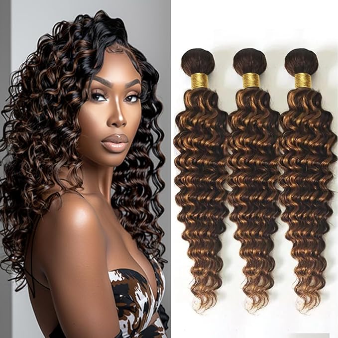Light Brown Bundles P1B30 Loose Deep Water Wave Bundles Two Tone Black to Light Brown With Highlights Brazilian Human Hair Weave Soft and Silky for Women 24 26 28 Inch