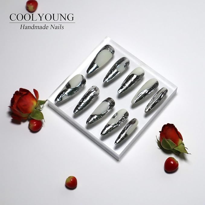 Hand Made Press On Nails, Stiletto Press On Nails, Press On Nails Silver, Press On Nails Acrylic, Thick Press On Nails, Nailphoria Press Ons, Woman Gifts, COOLYOUNG Nails, 10 PCS, Size L