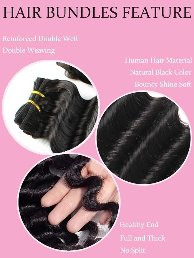 Loose Wave Bundles Human Hair 12A Deep Wave Bundles 20 20 20 Inch 100% Unprocessed Curly Wavy Human Hair Flip Over Quick Weave Raw Virgin Hair Natural Color for Women
