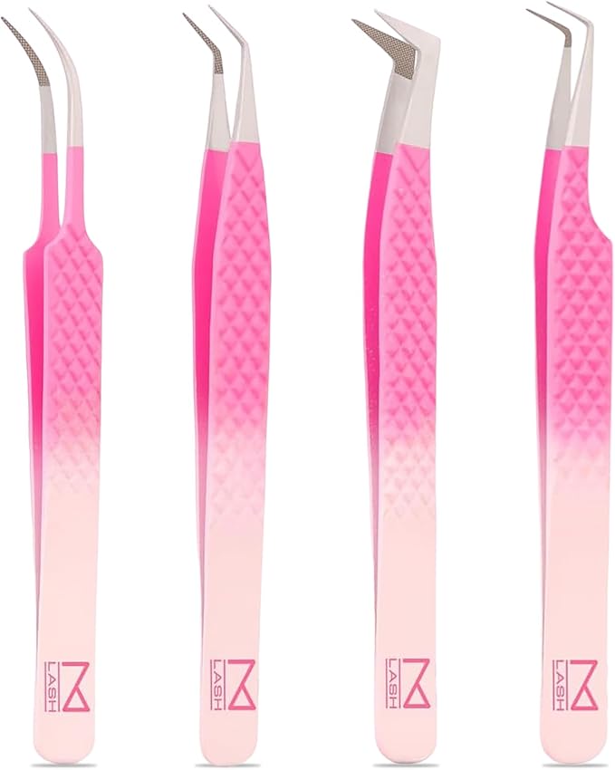 M LASH Tweezers for Eyelash Extensions (Set of 4) - Professional Lash Extension Tweezers - Fiber Tip, Japanese Steel, Diamond Grip Eyelash Extension Tweezer (Lilac)