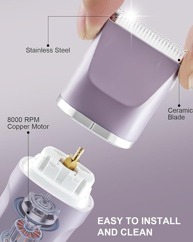 Bikini Trimmer for Women Painless Electric Razor for Women,3 in 1 Pubic Hair Trimmer for Women,USB Recharge Dock,Replaceable Ceramic Blade Heads,IPX7,Personal Shaver Kits,Purple