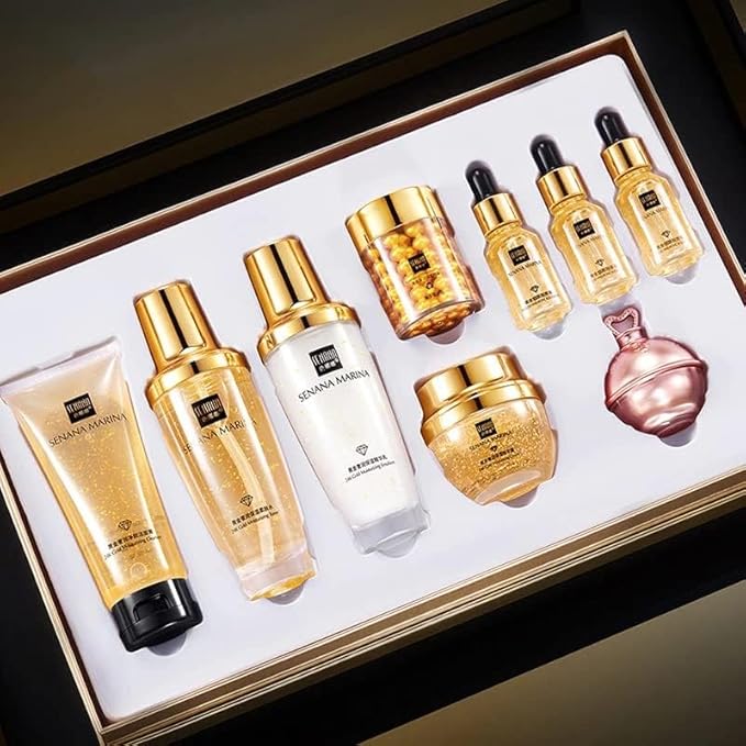 24K Gold Skin Care Set - 9-Piece Collection for Ultimate Moisturizing, Pore-Shrinking, and Oil Control