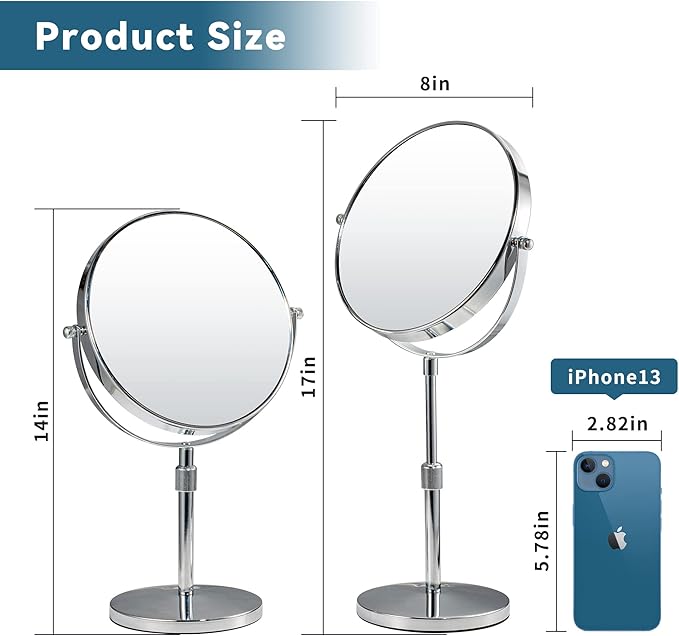 17" Tall Tabletop Magnifying Makeup Mirror Height Adjustable Vanity Mirror 1X/10X Magnification, 8" Large Double-Sided 360° Swivel Classic Round Desktop Make Up Mirror for Bathroom & Bedroom, No Light
