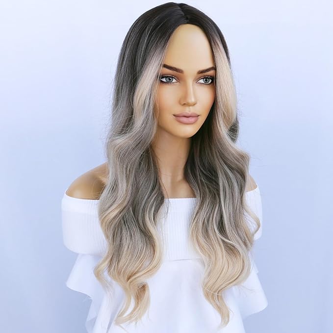 BERON Brown Blonde Wigs Long Wavy Wig for Women Curly Highlights Ombre Color Heat Resistant Synthetic Hair Wigs for Cosplay Party Daily or Use