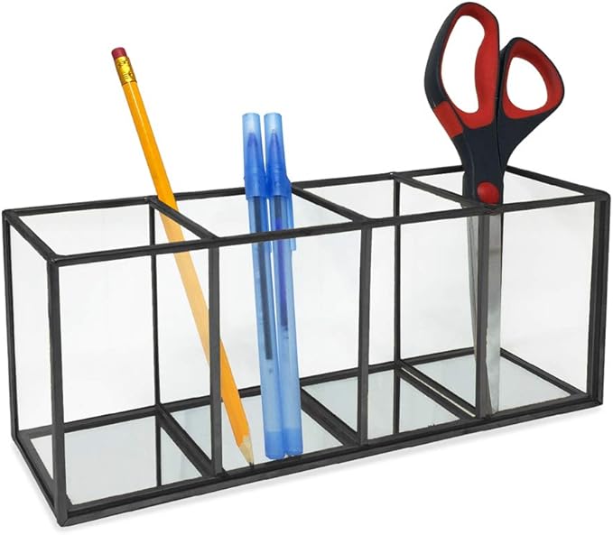 Isaac Jacobs 4-Compartment Organizer- Makeup Brush Holder- Vintage Style Brass and Glass Storage Solution with Mirror Base- Office, Bathroom, Kitchen Supplies and More (Black)