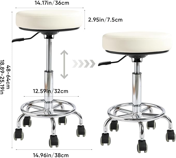 Adjustable Rolling Stool with Wheels - Ergonomic Salon & Tattoo Artist Chair, Office Stool with Comfortable PU Leather Seat, White