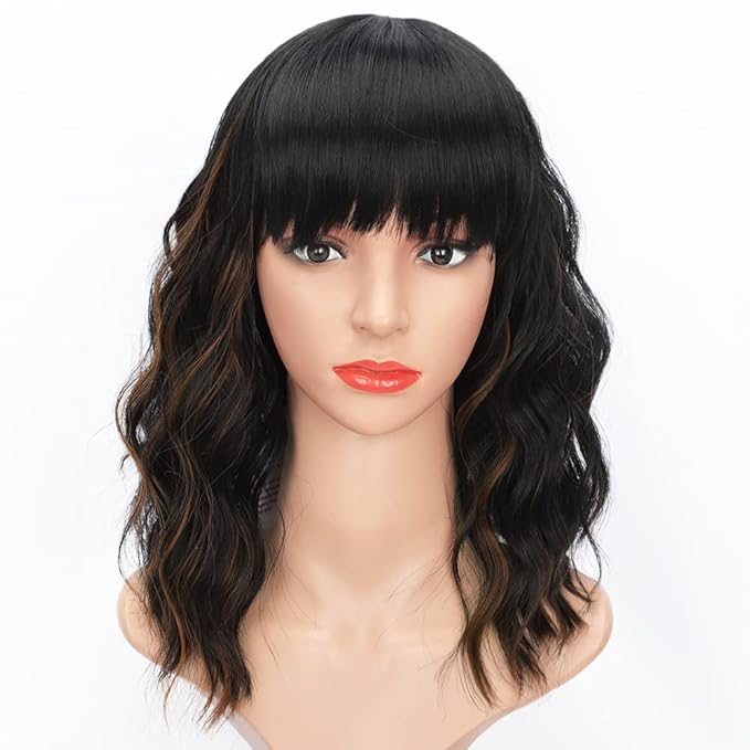 AISI HAIR Wavy Bob Wigs with Bangs for Women Black Mixed Brown Color Short Wavy Bob Curly Wig Synthetic Natural Looking Heat Resistant Fiber Hair for Women