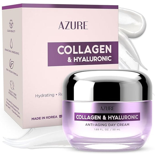 Azure Cosmetics Collagen & Hyaluronic Acid Face Moisturizer - Dermatologist Tested, Anti-Aging Cream for Fine Lines & Wrinkles - Ultra Hydrating Face Cream - Korean Skin Care - All Skin Type - 1.69 oz