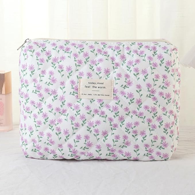 3Pcs Makeup Bag Cotton Quilted Travel Cosmetic Bag Cute Floral Makeup Pouch Large Toiletry Bag for Women Girls (Flowers-Pink)