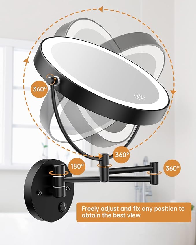 Benbilry 9" Large Wall Mounted Lighted Makeup Mirror, 1X/10X Magnifying Double-Sided AC Powered Bathroom Mirror with 3 Color Lights, Touch Dimmable, Extended Arm 360 Rotation, Black