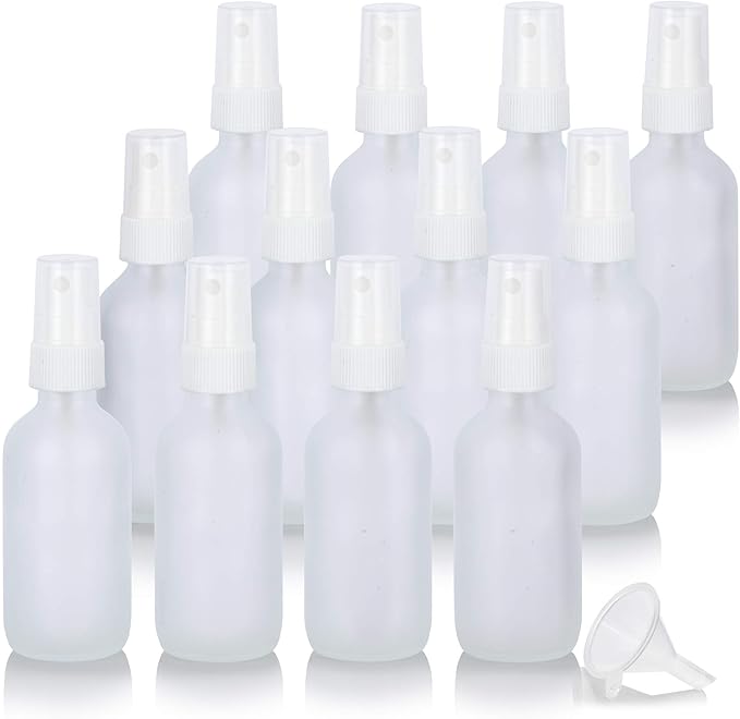 JUVITUS 2 oz Frosted Clear Glass Boston Round Bottle with White Fine Mist Spray (12 Pack)