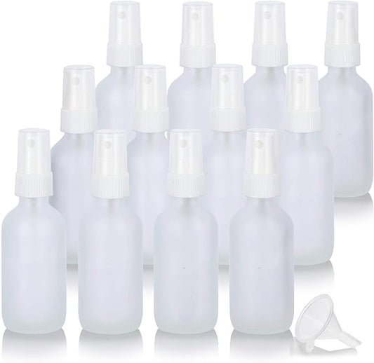 JUVITUS 2 oz Frosted Clear Glass Boston Round Bottle with White Fine Mist Spray (12 Pack)