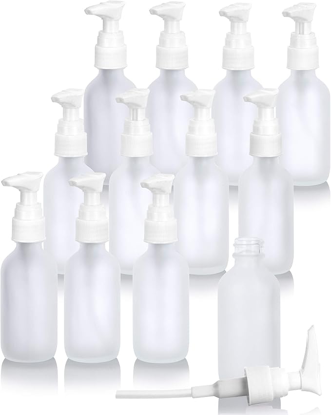 2 oz Frosted Clear Glass Boston Round Bottle with White Lotion Pump (12 Pack)