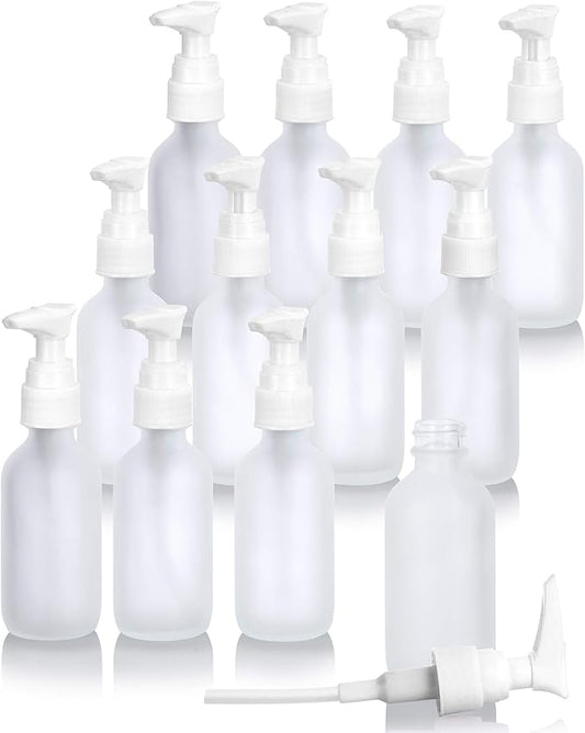 2 oz Frosted Clear Glass Boston Round Bottle with White Lotion Pump (12 Pack)