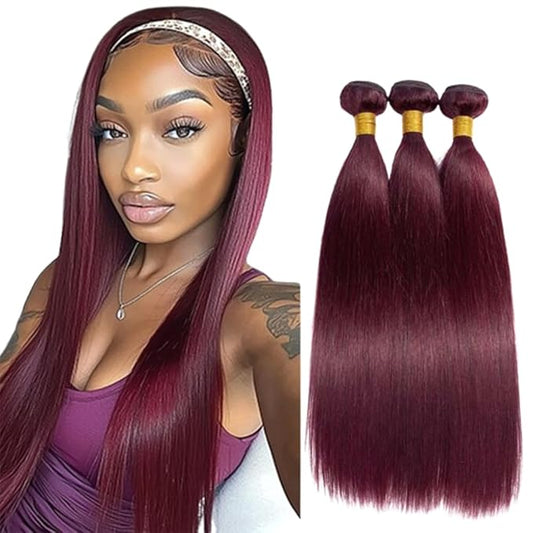 Color 99j Straight Bundles Human Hair Burgundy Bundles Human Hair Wine Red Extensions Weave Wet and Wavy Soft Silky for Woman 14 16 18 Inch