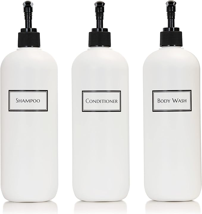 Refillable Body Wash Shampoo and Conditioner Pump Dispenser Bottles with View Stripe, 19 oz 3-Pack Set (Black Pumps) - Silkscreen Labeled Shower Bottles, Empty Plastic Bottles with Pump for Bathroom