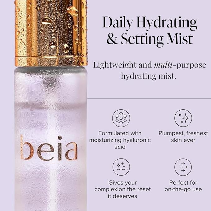 Beia Setting Spray with Hyaluronic Acid for Sensitive Skin - Hydrating Face Mist for Early Morning & Post Shower Glow - Moisturizing Finishing Spray for Makeup - Non Comedogenic Travel Size 0.5 Fl Oz