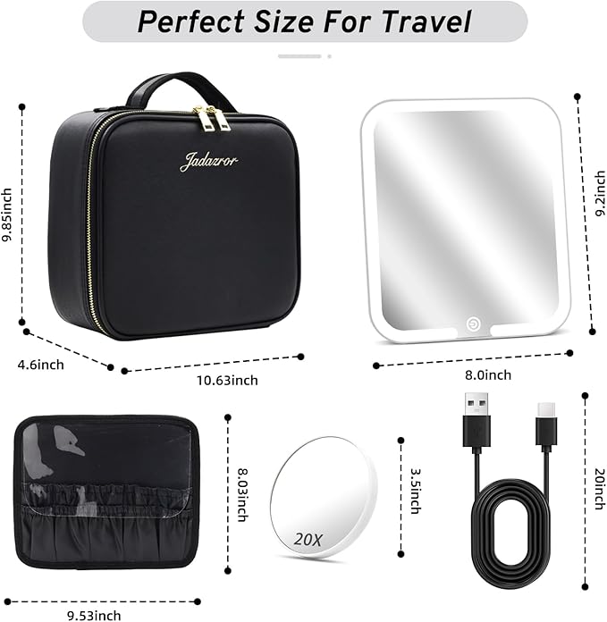 Makeup Bag with Magnetic Detachable Lighted Mirror 360° Swivel Angle, Travel Makeup Bag with Lights Portable Makeup Case Organizer with Mirror, Partition Cosmetic Bag Tools Accessories Train Case Gift