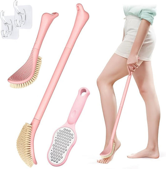 New Foot Brush with Extra-Long Handle, 3-in-1 Foot Scrubber in Shower, 10.2’’-27.5’’Adjustable Foot Scrub Brush and Upgrade Foot File Callus Remover, Gift-Box Packaged(Pink+Foot File)