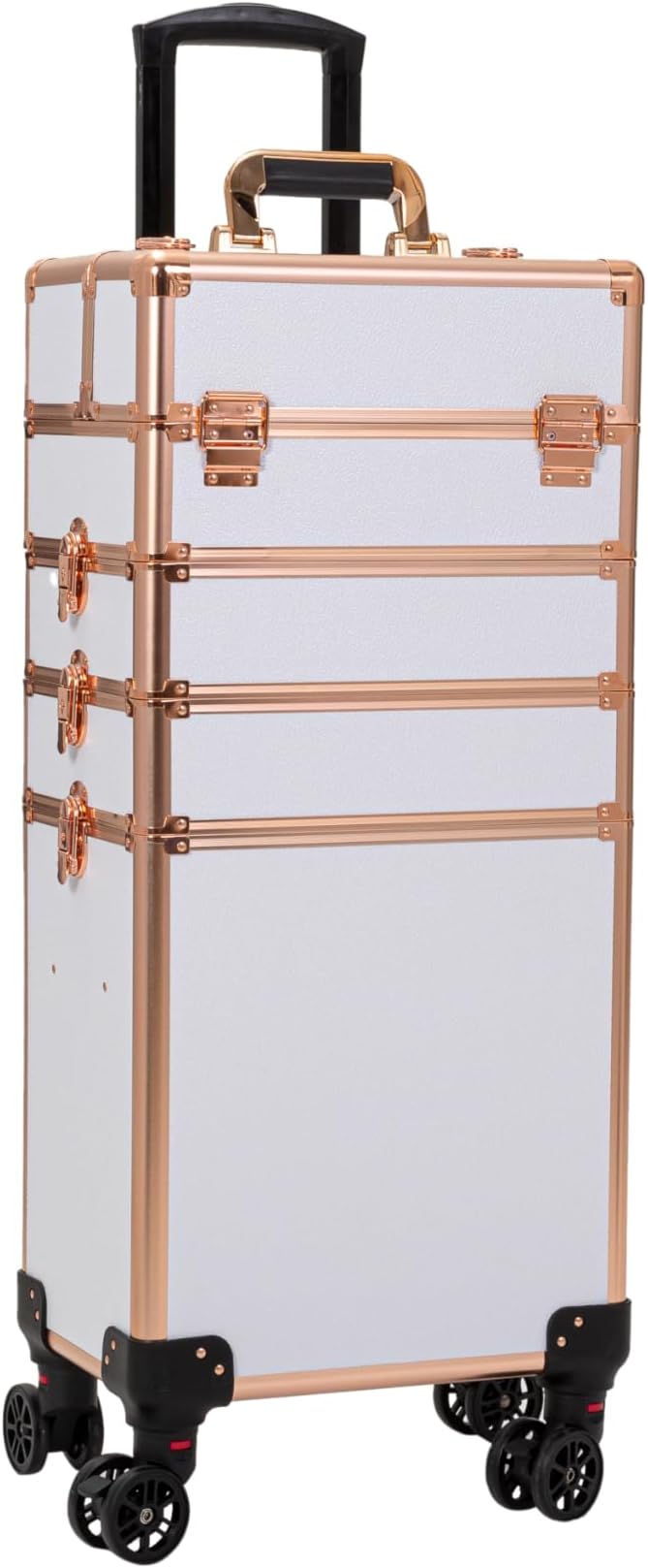 4 in 1 Portable Traveling Aluminum Professional Makeup Trolley Cart with Multiple-Sized Compartments and Wheels (Gold with White)