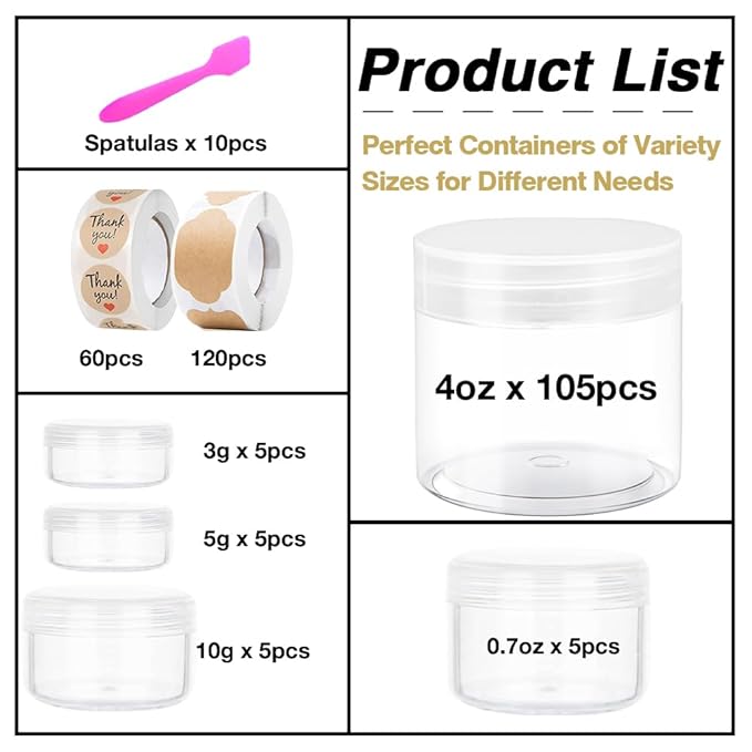 4 oz Plastic Containers with Lids 105pcs Plastic Jars with Clear Lids + 3/5/10/20 Gram 20pcs Sample Containers Travel Jar– Great for Lip Scrub, Body Butters, Cream, Slime, Craft Storage