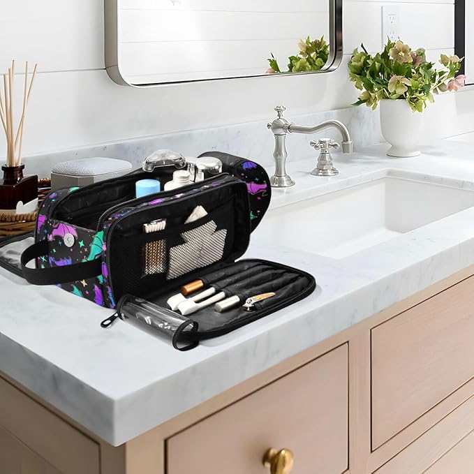 MNSRUU Luminous Bats Makeup Bag - Large Capacity Cosmetic Organizer, Portable Toiletry Bag for Travel Size