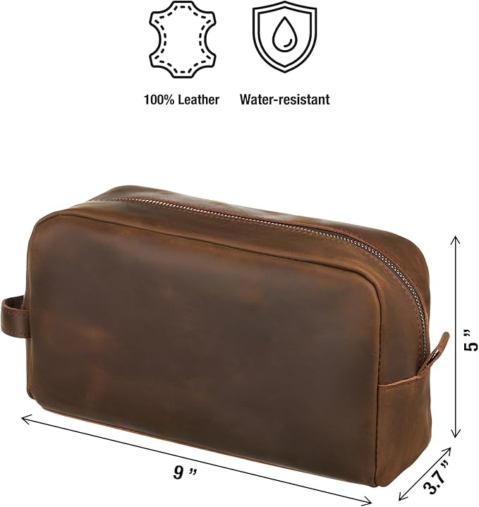 Awesometik Mens Travel Bag Toiletries Organizer Case for Grooming, Toiletry Bag for Men, Travel Essentials Shaving Dopp Kit, Geniune Leather Water Resistant Cosmetic Bag Pouch (Light Brown)