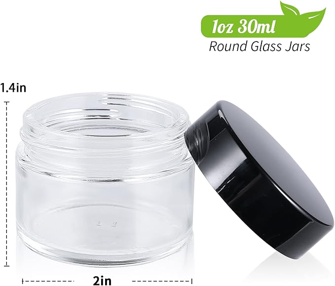 1oz Glass Jar with Lid, Hoa Kinh 40 Pack Clear Round Containers Cosmetic Glass Jars with Inner Liners and Black Lids Travel Jars for Storing Lip and Body Scrub, Lotion, Body Butter, Bath Salts, Liquid