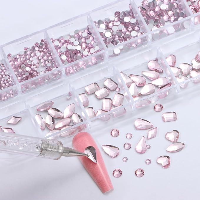 1000Pcs 12Gird Box Multi Size AB/Colorful Irregular Rhinestones Flatback Crystal Diamond Gems, with Pick Up Tweezers and Picker Dotting Pen for Nails, Makeup